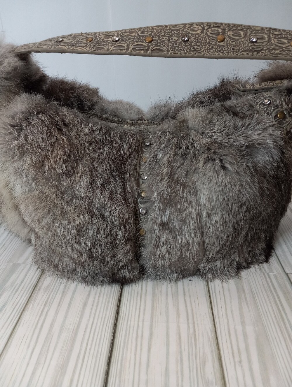 Y2K Faux Fur Indie Sleeze Rhinestone Studded Bag - Picture 3 of 13